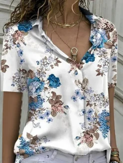 Best Women's Shirt Blouse Floral Stylish Casual Short Sleeve Shirt Collar Regular Tops Daily Buttons Print Blue Purple Green Summer Spring Women Spring Tops