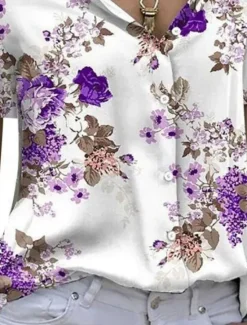 Best Women's Shirt Blouse Floral Stylish Casual Short Sleeve Shirt Collar Regular Tops Daily Buttons Print Blue Purple Green Summer Spring Women Spring Tops