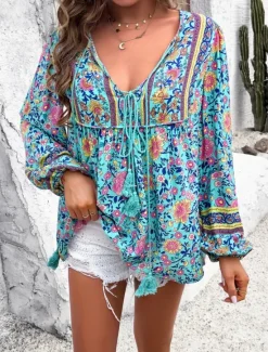 Sale Women's Shirt Blouse Floral Active Casual Long Sleeve V Neck Regular Tops Daily Tie Front Print Spring Fall Women Spring Tops