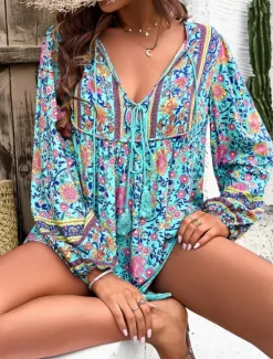 Sale Women's Shirt Blouse Floral Active Casual Long Sleeve V Neck Regular Tops Daily Tie Front Print Spring Fall Women Spring Tops
