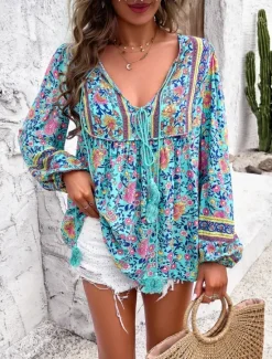Sale Women's Shirt Blouse Floral Active Casual Long Sleeve V Neck Regular Tops Daily Tie Front Print Spring Fall Women Spring Tops
