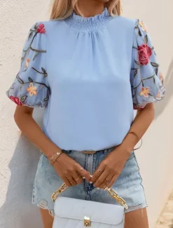 Clearance Women's Shirt Blouse Floral Casual Short Sleeve Turtleneck Regular Tops Daily Mesh Patchwork Embroidered Summer Spring Women Spring Tops