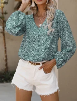 New Women's Shirt Blouse Floral Casual Long Sleeve V Neck Regular Tops Daily Print Blue Green Fall Winter Women Blouses & Shirts