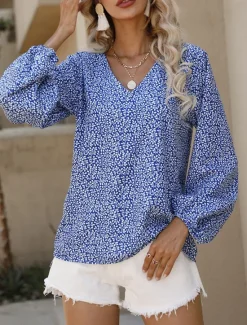 New Women's Shirt Blouse Floral Casual Long Sleeve V Neck Regular Tops Daily Print Blue Green Fall Winter Women Blouses & Shirts