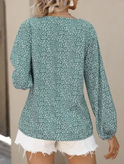 New Women's Shirt Blouse Floral Casual Long Sleeve V Neck Regular Tops Daily Print Blue Green Fall Winter Women Blouses & Shirts