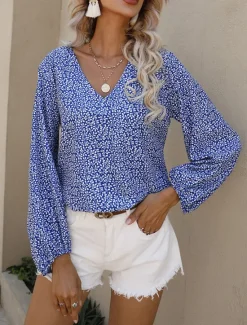 New Women's Shirt Blouse Floral Casual Long Sleeve V Neck Regular Tops Daily Print Blue Green Fall Winter Women Blouses & Shirts