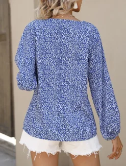 New Women's Shirt Blouse Floral Casual Long Sleeve V Neck Regular Tops Daily Print Blue Green Fall Winter Women Blouses & Shirts