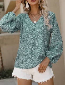 New Women's Shirt Blouse Floral Casual Long Sleeve V Neck Regular Tops Daily Print Blue Green Fall Winter Women Blouses & Shirts
