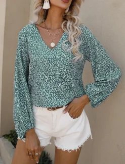 New Women's Shirt Blouse Floral Casual Long Sleeve V Neck Regular Tops Daily Print Blue Green Fall Winter Women Blouses & Shirts