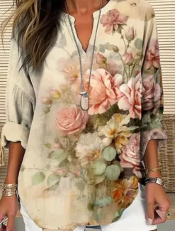 Clearance Women's Shirt Blouse Floral Casual Long Sleeve Notched Neck Regular Tops Daily Print White Blue Khaki Fall Winter Women Spring Tops