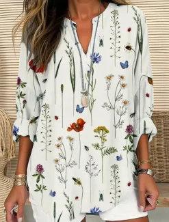 Clearance Women's Shirt Blouse Floral Casual Long Sleeve Notched Neck Regular Tops Daily Print White Blue Khaki Fall Winter Women Spring Tops