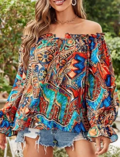Hot Women's Shirt Blouse Floral Stylish Casual Long Sleeve Off Shoulder Regular Tops Daily Backless Print Royal Blue Blue Fuchsia Green Summer Spring Women Spring Tops