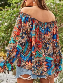 Hot Women's Shirt Blouse Floral Stylish Casual Long Sleeve Off Shoulder Regular Tops Daily Backless Print Royal Blue Blue Fuchsia Green Summer Spring Women Spring Tops