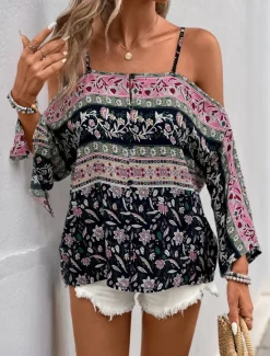 Discount Women's Shirt Blouse Floral Stylish Casual Long Sleeve Strap Regular Tops Daily Print Summer Spring Women Spring Tops