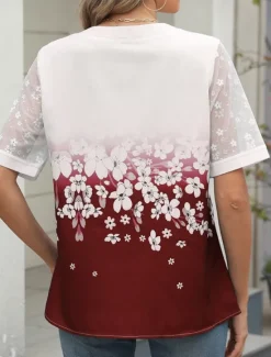 Outlet Women's Shirt Blouse Floral Casual Half Sleeve Notched Neck Regular Tops Daily Mesh Patchwork Buttons Black Wine Blue Summer Women Spring Tops