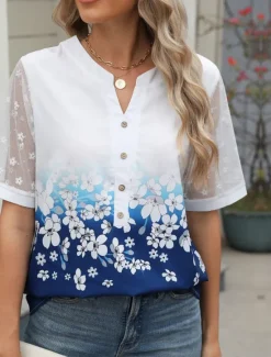 Outlet Women's Shirt Blouse Floral Casual Half Sleeve Notched Neck Regular Tops Daily Mesh Patchwork Buttons Black Wine Blue Summer Women Spring Tops