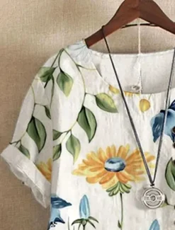 New Women's Shirt Blouse Floral Graphic Elegant Daily Short Sleeve Crew Neck Regular Tops Daily Linen Like Print Summer Women Blouses & Shirts