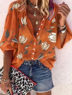 Women's Shirt Blouse Floral Stylish Casual Long Sleeve Shirt Collar Regular Tops Daily Buttons Print Black White Red Orange Summer Spring Women Spring Tops