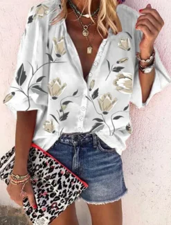 Women's Shirt Blouse Floral Stylish Casual Long Sleeve Shirt Collar Regular Tops Daily Buttons Print Black White Red Orange Summer Spring Women Spring Tops