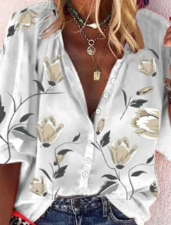 Women's Shirt Blouse Floral Stylish Casual Long Sleeve Shirt Collar Regular Tops Daily Buttons Print Black White Red Orange Summer Spring Women Spring Tops