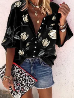 Women's Shirt Blouse Floral Stylish Casual Long Sleeve Shirt Collar Regular Tops Daily Buttons Print Black White Red Orange Summer Spring Women Spring Tops