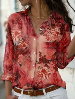 Clearance Women's Shirt Blouse Floral Stylish Casual Long Sleeve Shirt Collar Regular Tops Daily Buttons Print Red Blue Purple Green Summer Spring Women Spring Tops