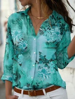 Clearance Women's Shirt Blouse Floral Stylish Casual Long Sleeve Shirt Collar Regular Tops Daily Buttons Print Red Blue Purple Green Summer Spring Women Spring Tops