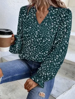 Online Women's Shirt Blouse Floral Stylish Casual Long Sleeve V Neck Regular Tops Daily Print Wine Green Beige Summer Spring Women Spring Tops