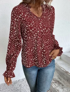 Online Women's Shirt Blouse Floral Stylish Casual Long Sleeve V Neck Regular Tops Daily Print Wine Green Beige Summer Spring Women Spring Tops