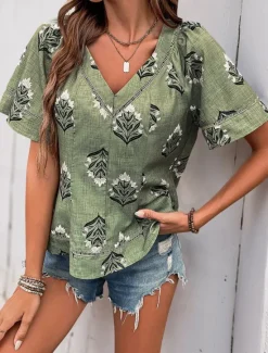 Women's Shirt Blouse Floral Stylish Casual Short Sleeve V Neck Regular Tops Daily Print Summer Women Spring Tops|Boho Tops