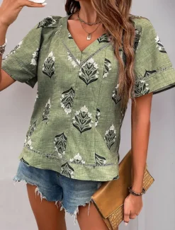 Women's Shirt Blouse Floral Stylish Casual Short Sleeve V Neck Regular Tops Daily Print Summer Women Spring Tops|Boho Tops