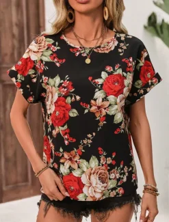 Clearance Women's Shirt Blouse Floral Stylish Casual Short Sleeve Crew Neck Regular Tops Daily Print Summer Spring Women Spring Tops