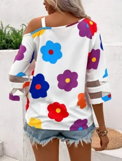 Online Women's Shirt Blouse Floral Casual 3/4 Length Sleeve Cold Shoulder Regular Tops Daily Mesh Patchwork Cut Out Spring Fall Women Blouses & Shirts