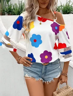 Online Women's Shirt Blouse Floral Casual 3/4 Length Sleeve Cold Shoulder Regular Tops Daily Mesh Patchwork Cut Out Spring Fall Women Blouses & Shirts