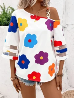 Online Women's Shirt Blouse Floral Casual 3/4 Length Sleeve Cold Shoulder Regular Tops Daily Mesh Patchwork Cut Out Spring Fall Women Blouses & Shirts