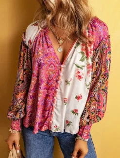 Outlet Women's Shirt Blouse Floral Casual Long Sleeve V Neck Regular Tops Daily Buttons Print Fall Winter Women Spring Tops