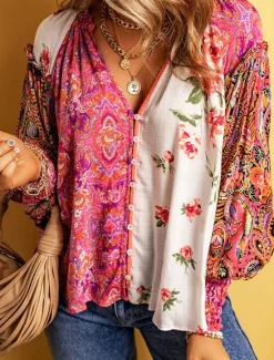 Outlet Women's Shirt Blouse Floral Casual Long Sleeve V Neck Regular Tops Daily Buttons Print Fall Winter Women Spring Tops