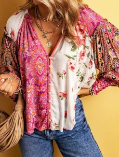 Outlet Women's Shirt Blouse Floral Casual Long Sleeve V Neck Regular Tops Daily Buttons Print Fall Winter Women Spring Tops