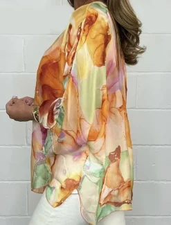 Discount Women's Shirt Blouse Floral Stylish Casual Long Sleeve V Neck Regular Tops Daily Buttons Print Pink Blue Orange Green Summer Spring Fall Women Spring Tops