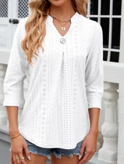 Discount Women's Shirt Blouse Floral Stylish Casual Long Sleeve Notched Neck Regular Tops Daily Eyelet White Pink Summer Spring Women Lace Tops
