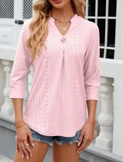 Discount Women's Shirt Blouse Floral Stylish Casual Long Sleeve Notched Neck Regular Tops Daily Eyelet White Pink Summer Spring Women Lace Tops