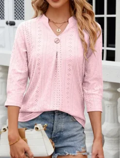 Discount Women's Shirt Blouse Floral Stylish Casual Long Sleeve Notched Neck Regular Tops Daily Eyelet White Pink Summer Spring Women Lace Tops