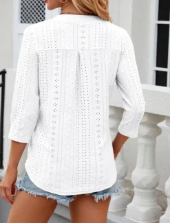 Discount Women's Shirt Blouse Floral Stylish Casual Long Sleeve Notched Neck Regular Tops Daily Eyelet White Pink Summer Spring Women Lace Tops