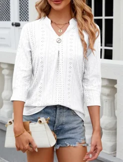 Discount Women's Shirt Blouse Floral Stylish Casual Long Sleeve Notched Neck Regular Tops Daily Eyelet White Pink Summer Spring Women Lace Tops