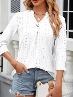 Discount Women's Shirt Blouse Floral Stylish Casual Long Sleeve Notched Neck Regular Tops Daily Eyelet White Pink Summer Spring Women Lace Tops