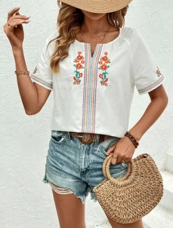 Clearance Women's Shirt Blouse Floral Elegant Stylish Basic Short Sleeve V Neck Regular Tops Daily Embroidered Summer Spring Women Shirts|Spring Tops
