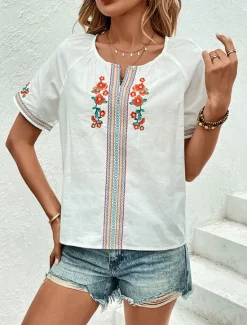 Clearance Women's Shirt Blouse Floral Elegant Stylish Basic Short Sleeve V Neck Regular Tops Daily Embroidered Summer Spring Women Shirts|Spring Tops