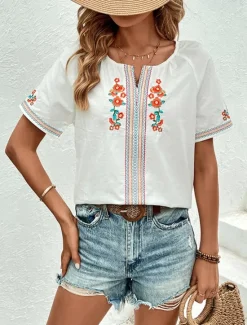 Clearance Women's Shirt Blouse Floral Elegant Stylish Basic Short Sleeve V Neck Regular Tops Daily Embroidered Summer Spring Women Shirts|Spring Tops