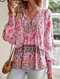 Women's Shirt Blouse Floral Bohemia Casual Long Sleeve V Neck Regular Tops Daily Print Yellow Pink Navy Blue Blue Orange Summer Spring Fall Women Blouses & Shirts|Spring Tops