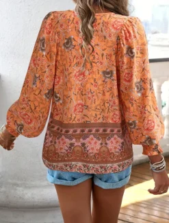 Women's Shirt Blouse Floral Bohemia Casual Long Sleeve V Neck Regular Tops Daily Print Yellow Pink Navy Blue Blue Orange Summer Spring Fall Women Blouses & Shirts|Spring Tops